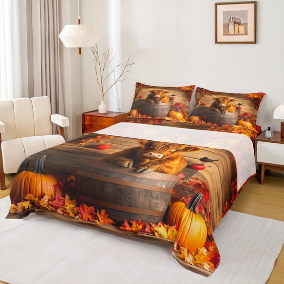 Manfei Brown Highland Cattle Full Size Sheets,Autumn Pumpkin Maples Bed Sheets,Hello Fall Sheet Sets For Child,Ultra Soft Home Decor,4-Piece