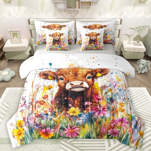 Manfei Brown Highland Cow Bedding Comforter Set 7 Pieces for Teens, Rustic Groovy Floral Full Bedding Set, Fashion Art Watercolor Reversible Fitted Sheet Flat Sheet, Lightweight Room Decor
