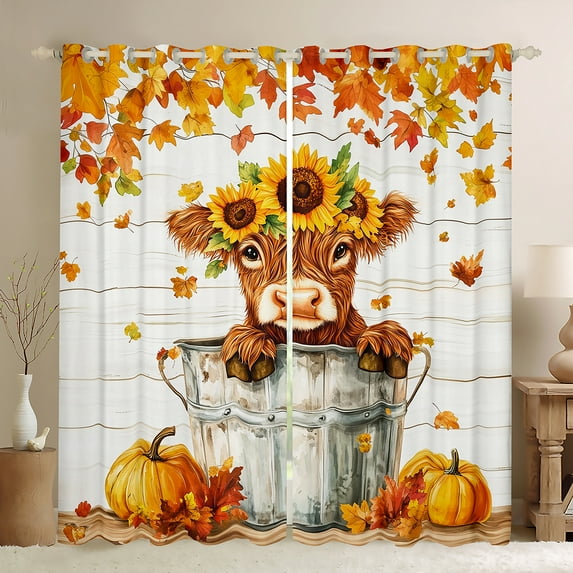 Manfei Brown Highland Cow Curtains Pack of 2 (42x84 Each), Rustic Sunflower Pumpkin Curtains Blackout, Teens Kids Child Bedroom Curtains, Curtains and Drapes Bedroom Decor