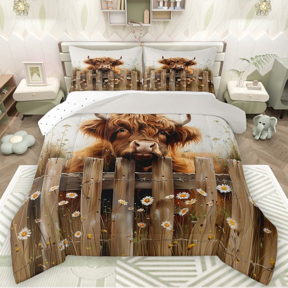 Manfei Brown Highland Cow Queen Comforter Set for Kids, Vibrant Groovy Flower Floral Bedding Sets, Western Lake House Reversible Bedding Comforter Set, Luxury Bedroom Decor, 3 Pieces