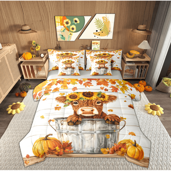 Manfei Brown Highland Cow Twin Bedding Sets 7-Piece, Rustic Sunflower Pumpkin Bedding Comforter Set, Teens Kids Child Reversible Sheet Sets, Luxury Bedroom Decor