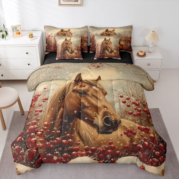Manfei Brown Horse 7-Piece Comforter Set,Red Cherry King Bedding Sets,Western Country Farmhouse Bed Sheets For Boys Kids,Luxury Bedroom Decor Reversible