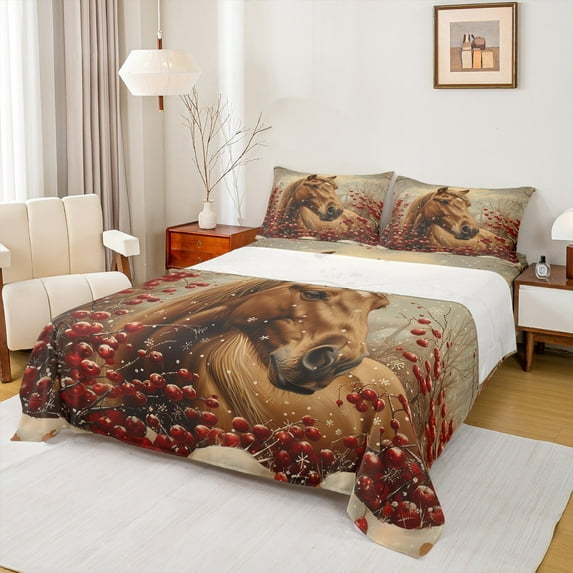 Manfei Brown Horse Full Sheet Set,Red Cherry Western Farmhouse,Luxury Decor For Boys,4-Piece