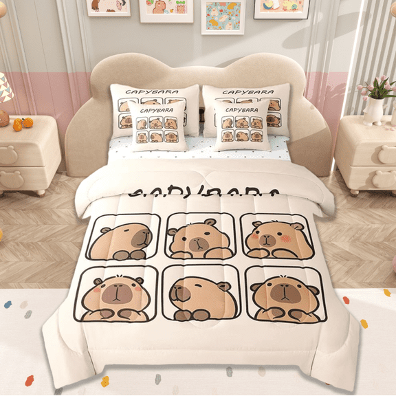 Manfei Brown Kawaii Capybara 7pcs Bedding Comforter Set,Cartoon Cute Animal Queen Bedding Sets,Capybara Lovers Queen Sheet Sets For Girls Kids,All Season Bedroom Decor Reversible