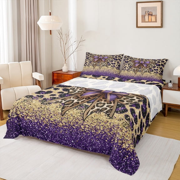 Manfei Brown Leopard Hide Bed Sheets,Cheetah Print Bow Tie King Sheets,Wildlife Animal Pattern Sheet Set For Teens,Microfiber Bedroom Decor,4 Pieces