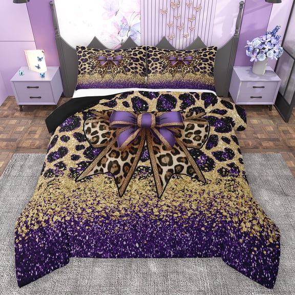 Manfei Brown Leopard Hide Queen Comforter Set,Cheetah Print Bow Tie Bedding Sets,Wildlife Animal Pattern Bedding Comforter Set For Teens,Microfiber Bedroom Decor Reversible,3-Piece