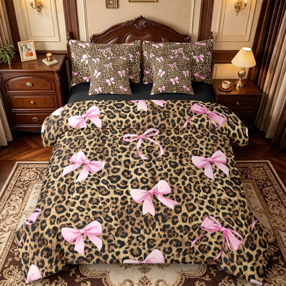 Manfei Brown Leopard Pattern 7pcs Queen Bedding,Pink Coquette Bowknot Bedding Comforter Set Queen,Black Reversible