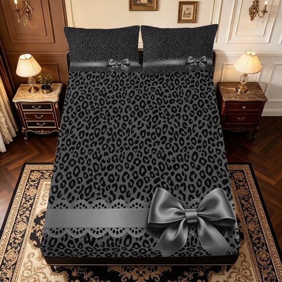 Manfei Brown Leopard Pattern Fitted Sheet Full,Dreamy Princess Bowtie Bed Set,3pcs,1 Fitted Sheet and 2 Pillowcases