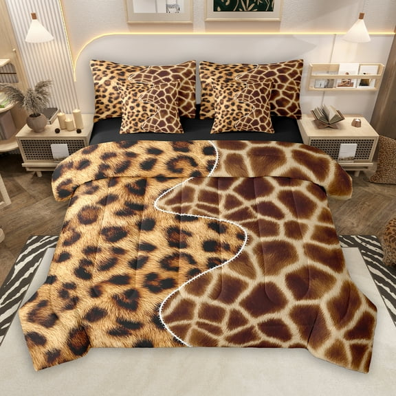 Manfei Brown Leopard Print 7-Piece Bedding Comforter Set, Cheetah Giraffe Animal King Bedding Sets, Chic Fashion Reversible Bed Sheets, Luxury Bedroom Decor
