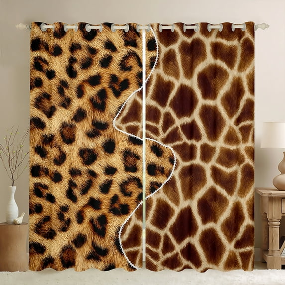 Manfei Brown Leopard Print Black Out Curtains, Cheetah Giraffe Animal Curtains Pack of 2 (42x63 Each), Chic Fashion Bedroom Curtains, Window Curtains Bedroom Decor
