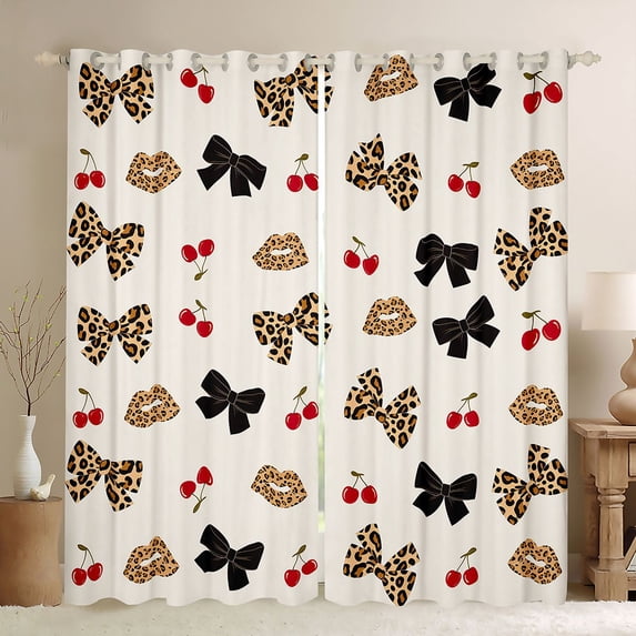 Manfei Brown Leopard Print Bow Curtains and Drapes Pack of 2 (52x63 Each),Sweet Cherry Bowknot Black Out Curtains