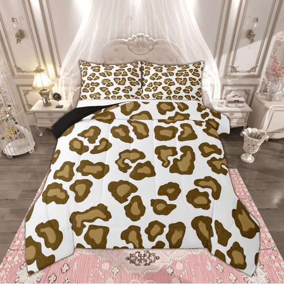 Manfei Brown Leopard Print Full Size Comforter Sets for Girls, Cheetah Print Bedding Comforter Set, Cartoon Animal Theme Bedding Sets, Super Cozy Room Decor Reversible 3pcs