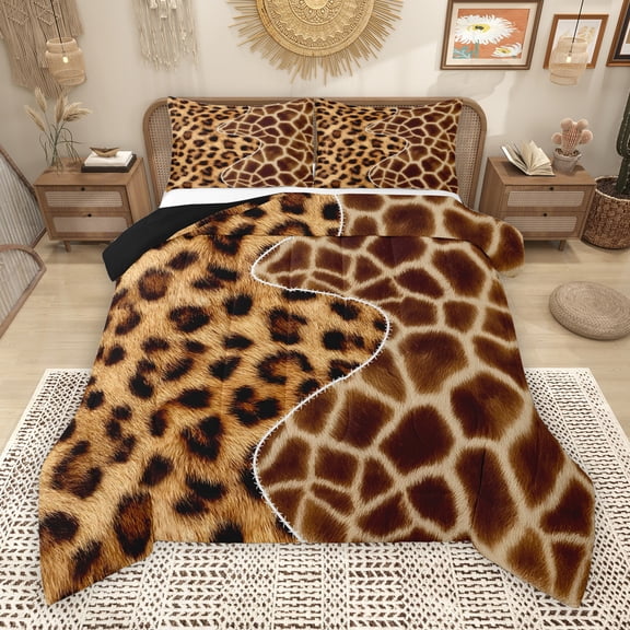 Manfei Brown Leopard Print Queen Comforter Set, Cheetah Giraffe Animal Bedding Sets, Chic Fashion Reversible Bedding Comforter Set, Luxury Bedroom Decor, 3 Pieces