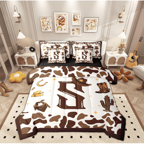 Manfei Brown Letter S Bedding Comforter Set 7pcs for Teen, Fashion Leopard Print Queen Bedding Sets, Western Princess Cowgirl Reversible Queen Sheet Sets, Breathable Home Decor