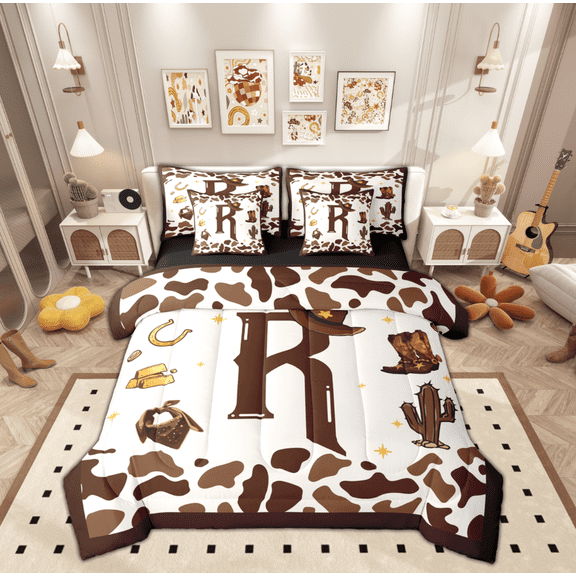 Manfei Brown Monogrammed R Twin Bedding Sets 7-Piece, Western Cowgirl Cowboy Bedding Comforter Set, Cartoon Princess Style Reversible Sheet Sets, Microfiber Bedroom Decor