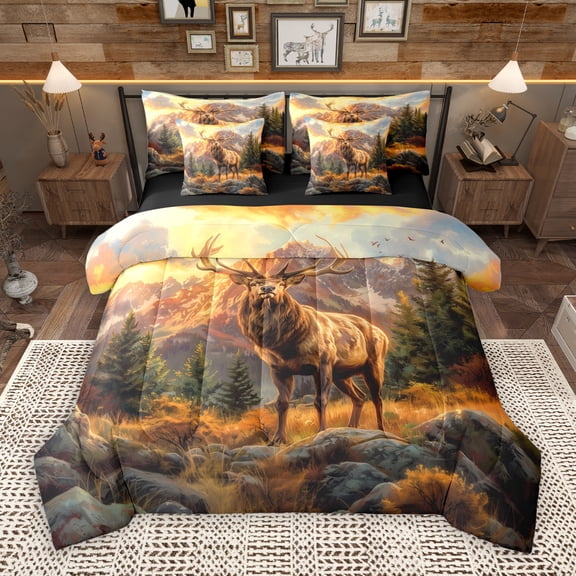 Manfei Brown Moose Deer 7-Piece Bedding Comforter Set,Jungle Animal King Bedding Sets,Western Country Lodge Bed Sheets For Boys Kids,Ultra Soft Home Decor Reversible