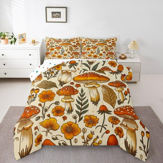 Manfei Brown Mushroom Queen Comforter Set,Rustic Plant Bedding Sets,Country Floral Bedding Comforter Set For Child,Super Cozy Room Decor Reversible,3pcs