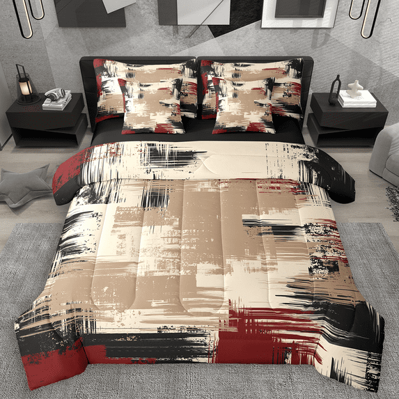 Manfei Brown Red Black Ombre Bedding Comforter Set 7pcs, Abstract Oil Painting King Bedding Sets, Watercolor Gradient Bed Sheets, Super Cozy Room Decor