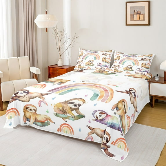 Feelyou Brown Sloth Queen Sheet Sets, Watercolor Rainbow Flat Sheet, Kawaii Animal Queen Fitted Sheet, Microfiber Bedroom Decor, 4-Piece