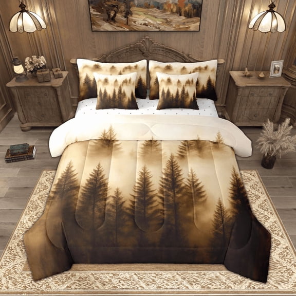 Manfei Brown Smoky Jungle Bedding Comforter Set 7-Piece, Botanical Pine Tree King Bedding Sets, Nature Plant Bed Sheets, Luxury Bedroom Decor