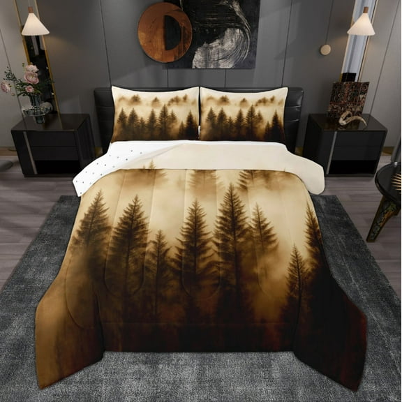 Manfei Brown Smoky Jungle Full Size Comforter Sets, Botanical Pine Tree Bedding Comforter Set, Nature Plant Bedding Sets, Luxury Bedroom Decor Reversible 3pcs