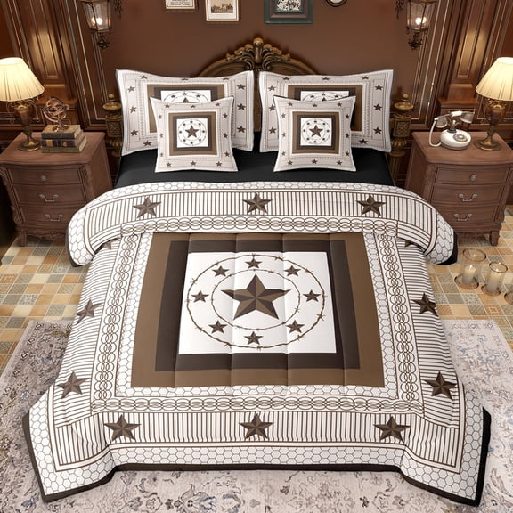Manfei Brown Texas Stars Bedding Comforter Set 7 Pieces for Adult, Western Old Fashion Full Bedding Set, Rustic Hippie Theme Reversible Fitted Sheet Flat Sheet, Luxury Bedroom Decor