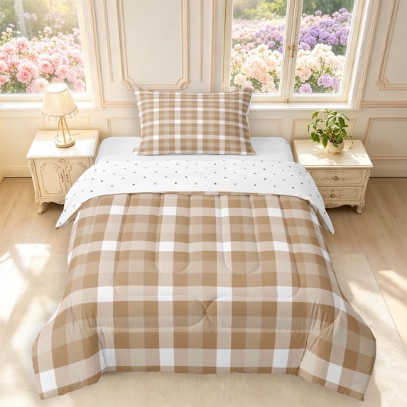 Manfei Brown White Checkered Twin Comforter Sets,Rustic Plaid Bedding Set,Reversible,2 Pieces,1 Comforter and 1 Pillowcase,2 Pieces,1 Comforter and 1 Pillowcase