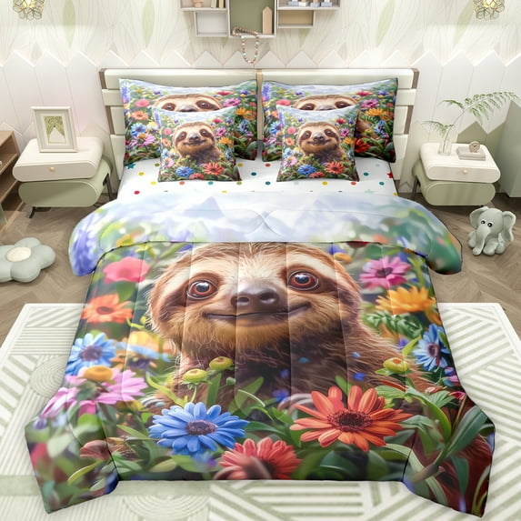 Manfei Brown Wild Sloth 7 Pieces Bedding Comforter Set,Colorful Floral Full Bedding Set,Natural Scenery Fitted Sheet Flat Sheet For Girls Kids,Breathable Home Decor Reversible