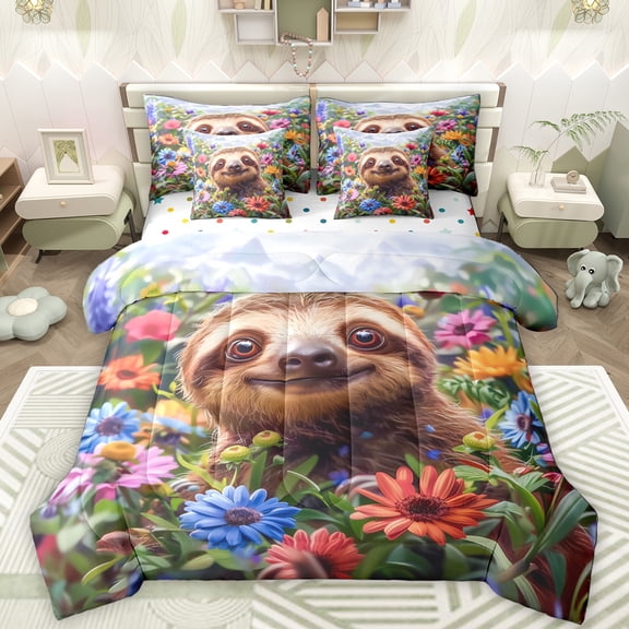 Manfei Brown Wild Sloth 7pcs Bedding Comforter Set,Colorful Floral Queen Bedding Sets,Natural Scenery Queen Sheet Sets For Girls Kids,Breathable Home Decor Reversible