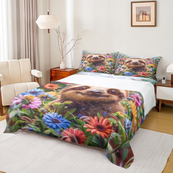 Manfei Brown Wild Sloth Bed Sheets,Colorful Floral King Sheets,Natural Scenery Sheet Set For Girls Kids,Breathable Home Decor,4 Pieces