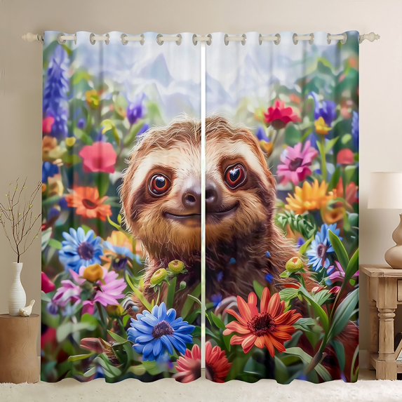Manfei Brown Wild Sloth Curtains Pack of 2 (42x84 Each),Colorful Floral Curtains Blackout,Natural Scenery Bedroom Curtains For Girls Kids,Breathable Home Decor