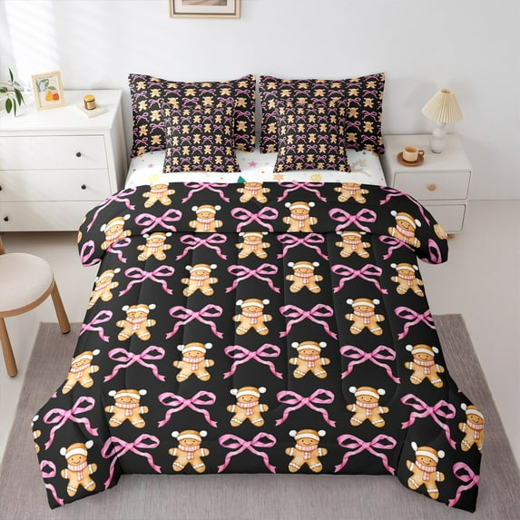 Manfei Brown Xmas Biscuit Bedding Comforter Set 7-Piece,Cute Cartoon Bow Knot King Bedding Sets,Sweet Christmas Dessert Bed Sheets For Teens,Ultra Soft Home Decor Reversible