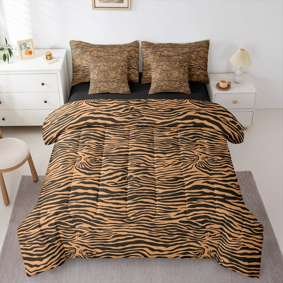 Manfei Brown Zebra Pattern Twin Bedding Sets 7-Piece,Jungle Animal Bedding Comforter Set,Modern Aesthetic Art Sheet Sets For Girls,Microfiber Bedroom Decor Reversible