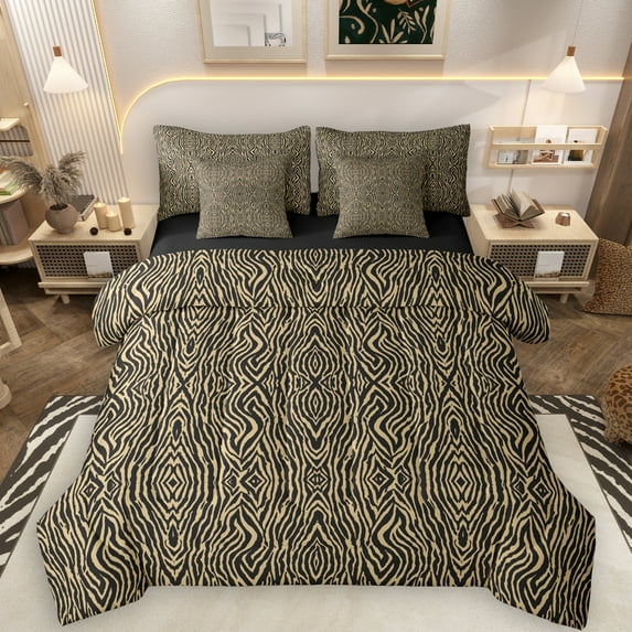 Manfei Brown Zebra Print 7-Piece Bedding Comforter Set, Fashion Stripes Abstract King Bedding Sets, Teens Kids Adult Reversible Bed Sheets, Breathable Home Decor