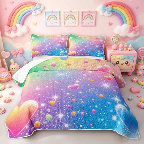 Manfei Bubble Love Heart Quilt Full, Galaxy Rainbow Full Bedspread Sets, Blue Pink, 3-Piece, 1 Coverlet and 2 Pillowcases