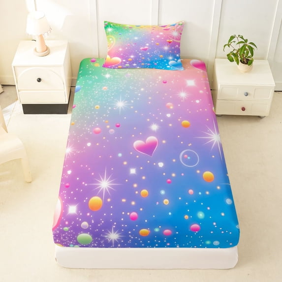 Manfei Bubble Love Heart Twin Fitted Sheet, Galaxy Rainbow Bedding, Blue Pink, 2-Piece, 1 Fitted Sheet and 1 Pillowcase