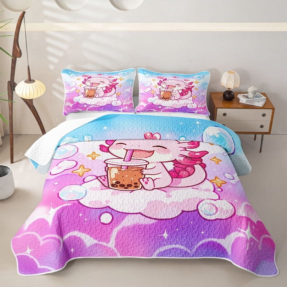 Manfei Bubble Tea Cloud Print Bed Spread Queen,Sweet Axolotl Queen Coverlet Set For Girls,Pink Blue,3 Pieces