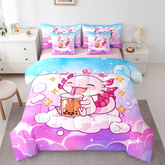 Manfei Bubble Tea Cloud Print Full Size Bedding Sets,Sweet Axolotl Full Size Bed in a Bag For Girls,Pink Blue,Pink Reversible,7-Piece
