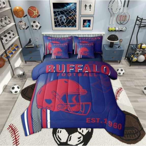 Manfei Buffalo Bedding Comforter Set 7pcs,Football City Queen Bedding Sets,Red Helmet Queen Sheet Sets For Teens,Super Cozy Room Decor,Reversible