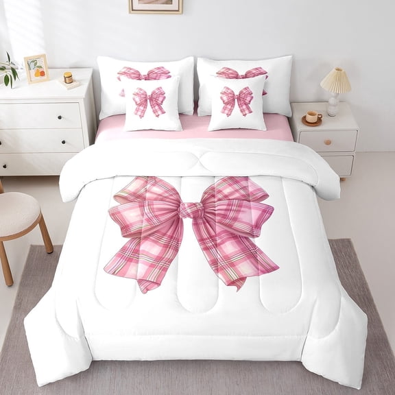 Feelyou Buffalo Bowknot Twin Bedding Sets 7-Piece, Kawaii Ribbon Bedding Comforter Set, Cute Princess Theme Sheet Sets, Super Cozy Room Decorative