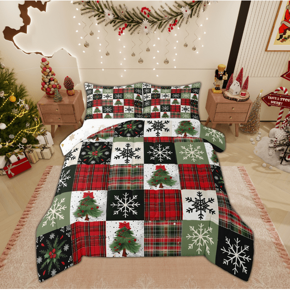 Manfei Buffalo Christmas Tree Bedding Comforter Set, Vinter Snowflake Twin Comforter Sets, Vintage Western Festival Reversible Bedding Set, Microfiber Bedroom Decor, 2 Pieces