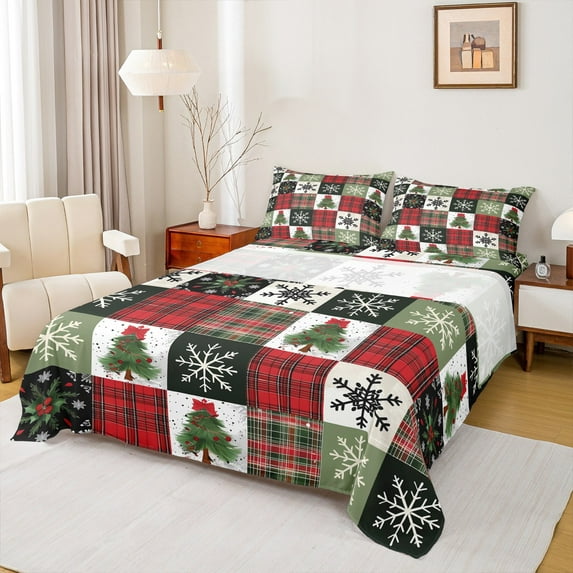 Manfei Buffalo Christmas Tree Twin Sheet Sets, Vinter Snowflake Twin Fitted Sheet, Vintage Western Festival Flat Sheet, Microfiber Bedroom Decor, 3 Pieces