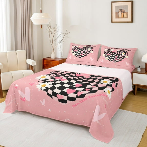 Manfei Buffalo Love Heart Bed Sheets for Kids, Groovy Flower Floral King Sheets, Cartoon Princess Style Sheet Set, Microfiber Bedroom Decor, 4pcs