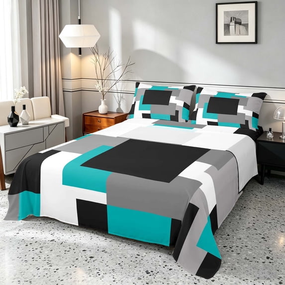 Manfei Buffalo Plaid Queen Sheets, Geometric Theme Queen Sheet Sets, Teal Black Gray White, Black Reversible 4pcs1 Flat Sheet + 1 Fitted Sheet + 2 Pillowcases