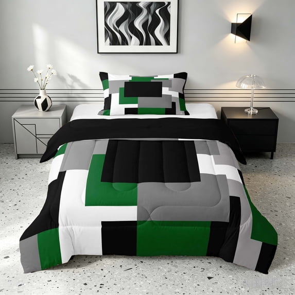 Manfei Buffalo Plaid Twin Comforter Sets, Geometric Theme Bedding Set, Green Black Gray White, Black Reversible 2-Piece, 1 Comforter and 1 Pillowcase