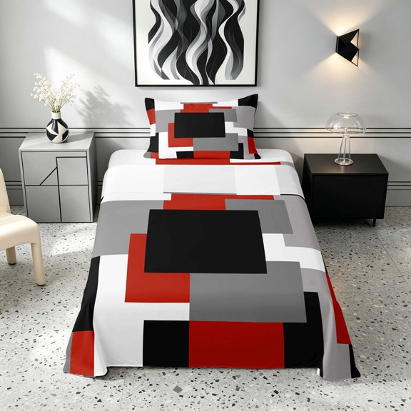 Manfei Buffalo Plaid Twin Sheets, Geometric Theme Bedding, Red Black Gray White, Black Reversible 3 Pieces1 Flat Sheet + 1 Fitted Sheet + 1 Pillowcase