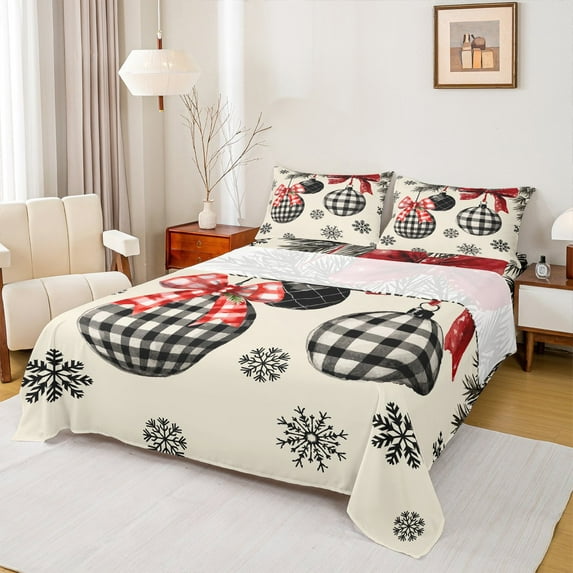 Manfei Buffalo Xmas Ball Bed Sheets for Kids, Vintage Red Ribbon Bow King Sheets, Christmas Snowflake Sheet Set, Breathable Home Decor, 4pcs