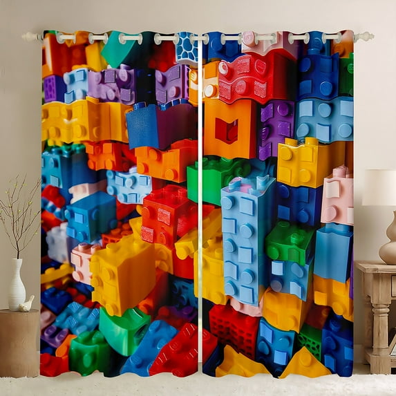 Manfei Building Blocks Blackout Curtains Set of 2 (52x84 Each),3D Geometric Game Window Curtains,Colorful Toy Brick Curtains and Drapes For Kids,Breathable Home Decor