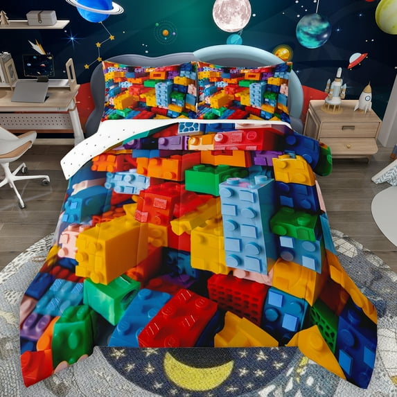 Manfei Building Blocks Queen Comforter Set,3D Geometric Game Bedding Sets,Colorful Toy Brick Bedding Comforter Set For Kids,Breathable Home Decor Reversible,3-Piece