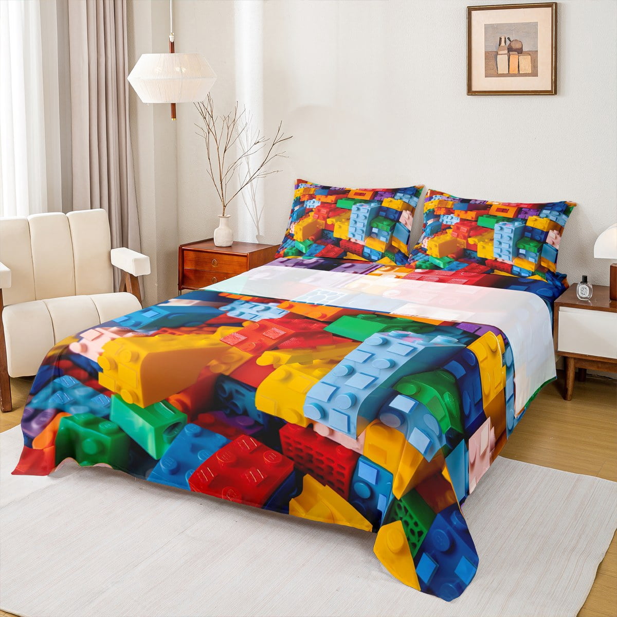 Block Sheet Set Manfei Building Blocks Queen Sheet Sets,3D Geometric Game Flat Sheet ...
